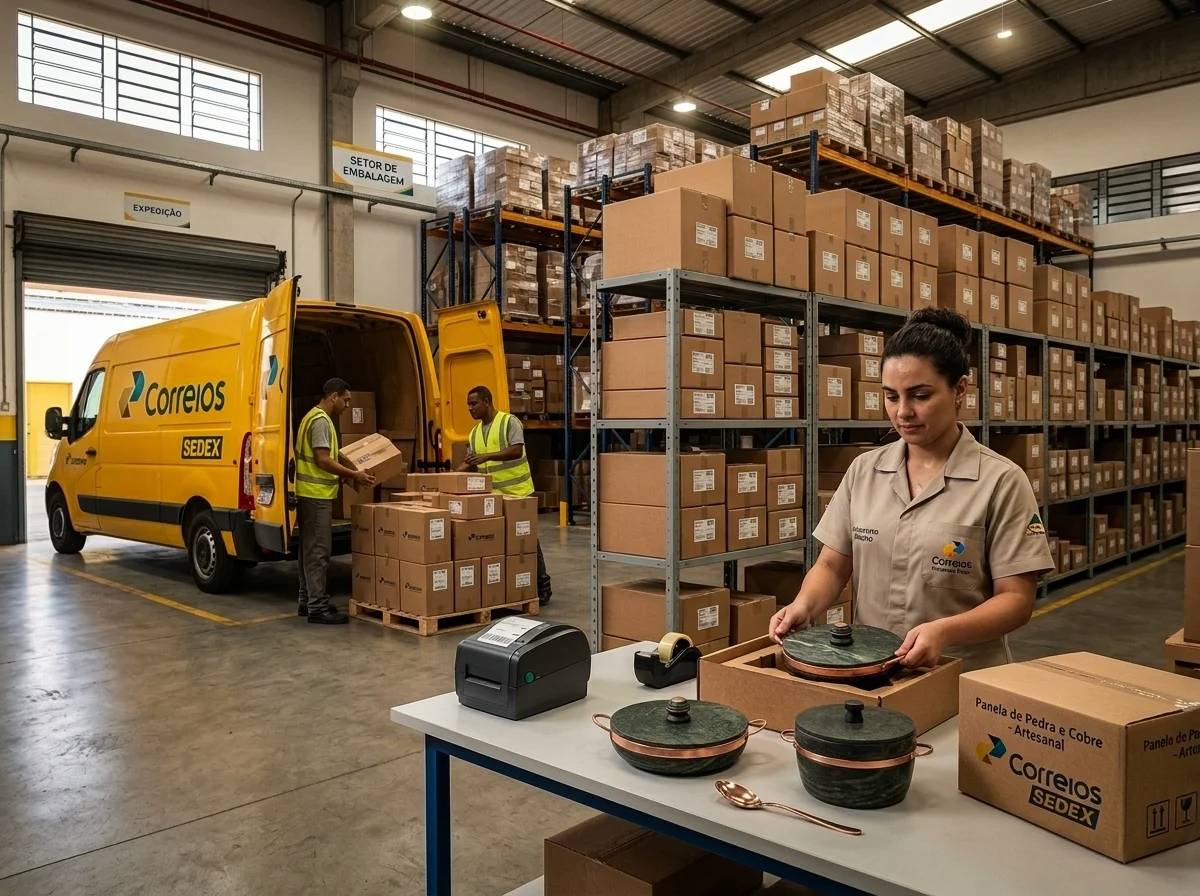Equipe embalando panelas de pedra sabão no setor de expedição
